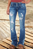 Street Patchwork Ripped High Waist Boot Cut Denim Jeans