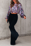 Street Patchwork Sequins O Neck Tops