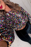 Street Patchwork Sequins O Neck Tops