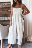 Elegant Solid Frenulum Solid Color Spaghetti Strap Loose Jumpsuits