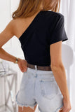 Casual Simplicity Solid Patchwork Asymmetrical Oblique Collar T-Shirts(4 Colors)