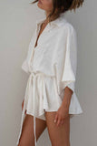 Casual Simplicity Solid Frenulum Solid Color Turndown Collar Loose Rompers