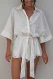 Casual Simplicity Solid Frenulum Solid Color Turndown Collar Loose Rompers