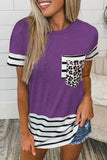 Casual Striped Leopard Patchwork Pocket T-Shirts(10 Colors)