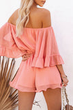 Casual Daily Solid Patchwork Flounce Off the Shoulder Loose Rompers