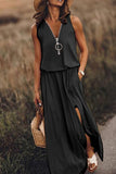 Casual Solid Slit Zipper V Neck Vest Dress Dresses(3 Colors)