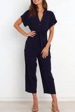 Casual Simplicity Solid Pocket Frenulum V Neck Regular Jumpsuits