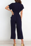 Casual Simplicity Solid Pocket Frenulum V Neck Regular Jumpsuits