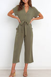 Casual Simplicity Solid Pocket Frenulum V Neck Regular Jumpsuits