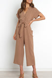 Casual Simplicity Solid Pocket Frenulum V Neck Regular Jumpsuits