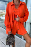 Casual Vacation Solid Pocket Turndown Collar Long Sleeve Two Pieces