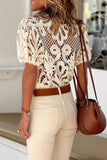 Casual Vacation Solid Lace Hollowed Out O Neck Blouses