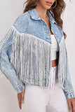 Casual Solid Tassel Patchwork Turndown Collar Long Sleeve Loose Denim Jacket