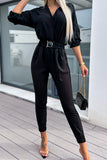 Sweet Simplicity Solid Pocket With Belt V Neck Regular Jumpsuits