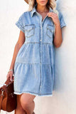 Street Solid Patchwork Turndown Collar Short Sleeve Loose Denim Dresses