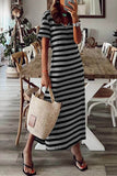 Casual Striped Patchwork V Neck A Line Short Sleeve Dress