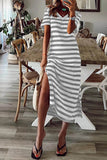 Casual Striped Patchwork V Neck A Line Short Sleeve Dress