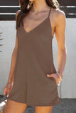 Casual Simplicity Solid Pocket Buttons V Neck Loose Rompers