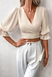 Elegant Simplicity Solid Bandage V Neck Blouses