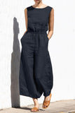 Casual Simplicity Solid Pocket O Neck Loose Jumpsuits