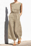 Casual Simplicity Solid Pocket O Neck Loose Jumpsuits