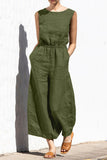 Casual Simplicity Solid Pocket O Neck Loose Jumpsuits