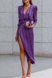 Elegant Striped Patchwork Asymmetrical V Neck Waist Skirt Dresses