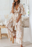 Casual Geometric Print Frenulum Turndown Collar Loose Jumpsuits