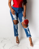 shirtstylespot Hole Blue Ripped Straight Leg Jeans