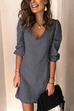 shirtstylespot Casual V Neck Elastic Cuff Sleeve Mini Dress(4 Colors)