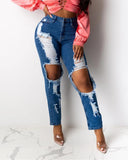 shirtstylespot Hole Blue Ripped Straight Leg Jeans