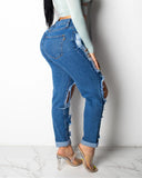 shirtstylespot Hole Blue Ripped Straight Leg Jeans