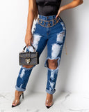 shirtstylespot Hole Blue Ripped Straight Leg Jeans