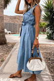 shirtstylespot Sleeveless Lace-Up Single-Breasted Denim Midi Dress