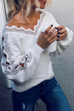 shirtstylespot V Neck Lace Patchwork White Sweater