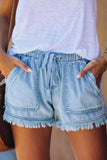 shirtstylespot Lace-up Fringed Thin Denim Shorts