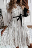 shirtstylespot Elegant Dot Print Round Neck Tie Midi Dress