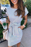 shirtstylespot Striped Knot Design Grey Midi Dress(3 Colors)