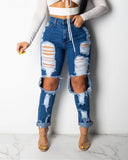 shirtstylespot Hole Blue Ripped Straight Leg Jeans