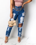 shirtstylespot Hole Blue Ripped Straight Leg Jeans