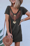 shirtstylespot Loose V-Neck Eagle Print Short Sleeves Mini Dress