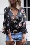 shirtstylespot Deep V-Neck Flare Sleeve Print Top